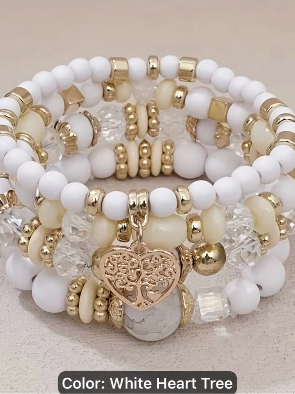 Handmade European & American light pink Beaded Heart Tree Bracelet Stack